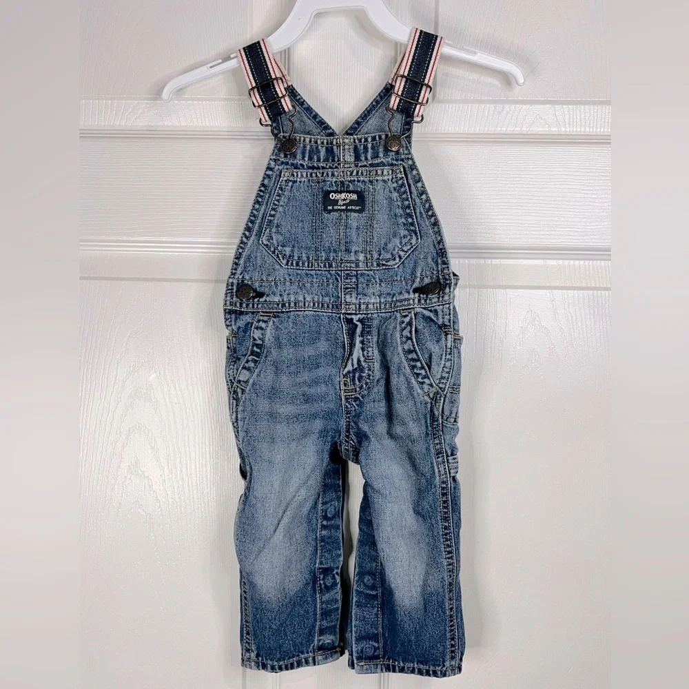 OshKosh B'Gosh Boys Vestbak Bib Overalls Blue Denim Nautical - Sz 9-12M